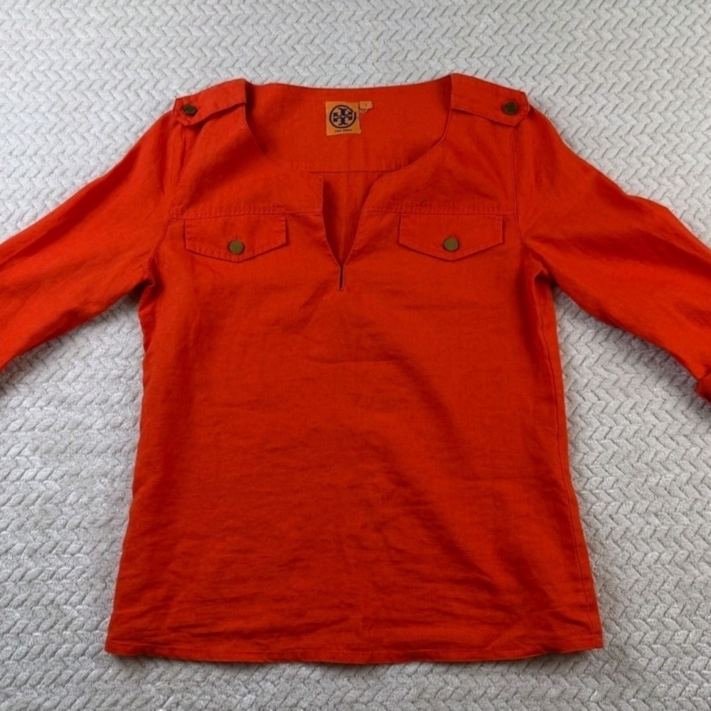 Tory Burch Linen Field Shirt Size 2 Safari Style Orange w/ Gold Buttons Resort